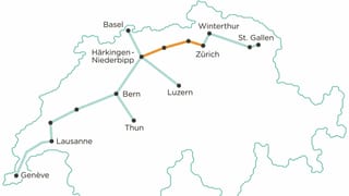 Carta che mussa nudà nua ch'ils trajects giessan tras. Marcà oransch è il traject da Härkingen a Turitg che duai vegnir construì sco emprim. Carta che mussa nudà nua ch'ils trajects giessan tras. Marcà oransch è il traject da Härkingen a Turitg che duai vegnir construì sco emprim.