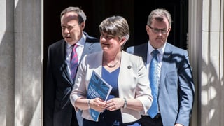 Represchentants da la partida DUP bandunan il sez da regenza a Londra. 