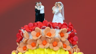 ina turta cun fluras giaglias e dus pèrs homosexuals sisur