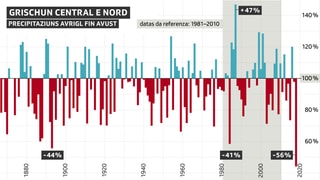 Grafica che mussa quant pli bler u pli pauc ch'i ha pluvì cumpareglià cun la media dals onns 1981 fin 2010. 