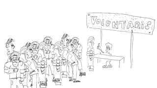 Ina caricatura da voluntaris che stattan en ritscha per il casting.