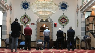 Il maletg mussa ils cartents muslims vida far oraziun en la moschea