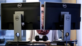 Purtret d'ina giuvna vid in computer. 