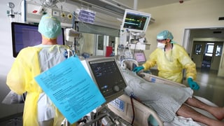 purtret da dus medis en ina stanza d'in pazient da corona. 