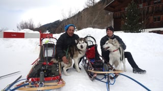 Erich e Susanne Camastral cun dus da lur chauns e las schlittas ch'els dovran per las cursas da la categoria Pulka.