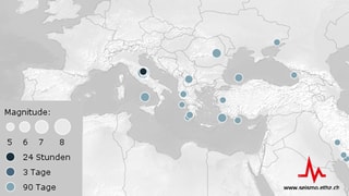 Carta da l'Europa e l'africa dal nord. Puncts marcheschan ils terratrembels pli ferms dals ultims fin 90 dis. Ils pli recents èn en l'Italia centrala.