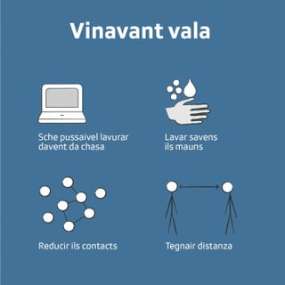 vinavant vala, da lavurar sche pussaivel da chasa, lavar savens ils mauns, reducir ils contacts e tegnair distanza. vinavant vala, da lavurar sche pussaivel da chasa, lavar savens ils mauns, reducir ils contacts e tegnair distanza.