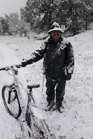 Purtret d'in chatschader che stat dasper ses velo en la naiv.