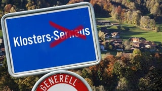 purtret da Serneus e davantvart la tavla dal lieu cun scrit si Klosters-Serneus e stritgà tras Serneus. 