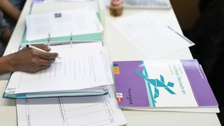 Purtret d'ina situaziun da scola: Sin maisa è in ordinatur cun en fegls, in um scriva insatgè cun in culli en quel. Davanttiers ha el in cudesch cun scrit si "Zertifikat Deutsch B1". 
