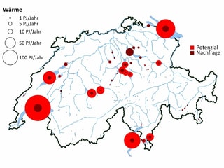 Potenzial dals lais svizzers per stgaudar cumpareglià cun la dumonda maximala regiunala. La grondezza dals rintgs è proporziunala tar la valur correspundenta.