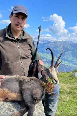 Ina chaura-chamutsch dad 8 onns, corna 27,2 cm. Sajettà da Reto Derungs, Sursaissa.