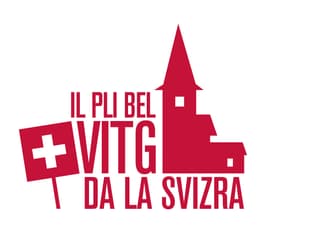 Il logo da l'acziun «Il pli bel vitg da la Svizra». Tut en cotschen sin funs alv. Ins vesa ina bandiera ed ina clutger.