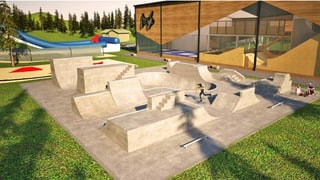 Davos a dretga è la halla cun paraids brinas e grondas fanestras, uschia ch'ins vesa in zic ils trampolins dadens. Davant la halla sa retgatta in pumptrack.