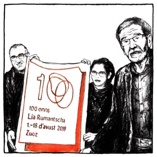 Illustraziun cun ils responsabels da la lia rumantscha ed il placat da la festa a Zuoz Illustraziun cun ils responsabels da la lia rumantscha ed il placat da la festa a Zuoz