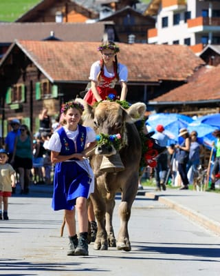 Mädchen mit Kuh und Blumen in Brigels