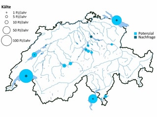 Potenzial dals lais svizzers per sfradentar e la dumonda maximala regiunala. La grondezza dals rintgs è proporziunala tar la valur correspundenta.