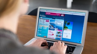 ina dunna sesa davant in laptop e guarda en l'internet