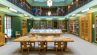 Ina biblioteca cun maisas e cudeschs. 
