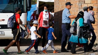 Migrants èn sin via al biro da registraziun datiers da Novarnik en la Croazia da l'ost.