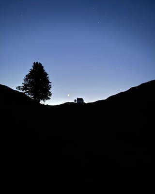 purtret da la caplutta, ins vesa be nair il palantschieu, ina planta e la caplutta e davostiers blau stgir il tschiel cunla glina.