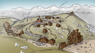Visualisaziun dal nov vitg da Heidi Flumserberg - en il stil da malegià a maun la survista dad in vitget cun grond bajetg d'entrada entginas tegias pli pitschnas ina gronda stalla d'alp ed ina caplutta