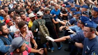 La polizia ungarais a la staziun en l’ost da Budapest vi da manar davant ils fugitivs.