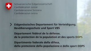 L'inscripziun da l'isch dal VBS en tudestg, franzos e talian.