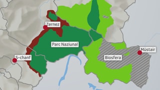 La survista da la zona circundanta enturn il Parc Naziunal Svizzer, cotschen Zernez e S-chanf