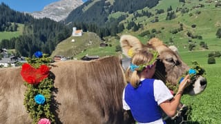 Mädchen mit Kuh in Brigels