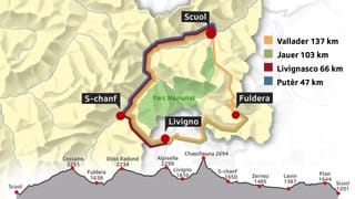 Ina survista da las 4 differentas cursas enturn il Parc Naziunal, sutvart il profil Ina survista da las 4 differentas cursas enturn il Parc Naziunal, sutvart il profil