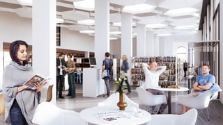 Ina visualisaziun dad ina biblioteca en l'intern dal bajetg da la posta a la plazza da la Posta a Cuira. Ins vesa pitschnas maisas rodundas alvas cun sutgas alavs tiers. Il pantschieu su è alv cun ina structura da patgnas traisdimensiunala. Ord singuls chaums da la patgna splendurescha glisch. Davostiers hai retschas da regals da cudeschs. Blera glieud sa mova, stat e sesa en questa sala.