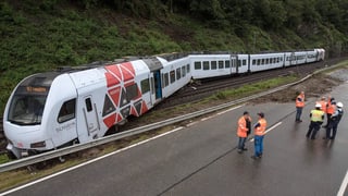 Ina vista totala dal tren cun la locomotiva ch'è siglida or dal binari. Ina vista totala dal tren cun la locomotiva ch'è siglida or dal binari.