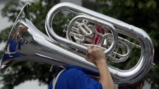 Purtret d'ina tuba che vegn purtada d'in musicist. 