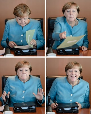 Quatter maletgs dad Angela Merkel durant ina sesida cun ses cabinet da regenza.
