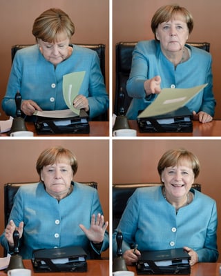 Quatter maletgs dad Angela Merkel durant ina sesida cun ses cabinet da regenza. Quatter maletgs dad Angela Merkel durant ina sesida cun ses cabinet da regenza.