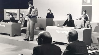 Il studio da «Testas Finas» cun il moderatur ed ils candidats da Sumvitg e Samedan. Il studio da «Testas Finas» cun il moderatur ed ils candidats da Sumvitg e Samedan.