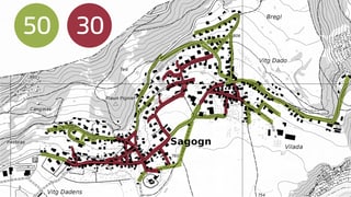 Plan cun las vias da Sagogn inditgada è tempo 30 e tempo 50.