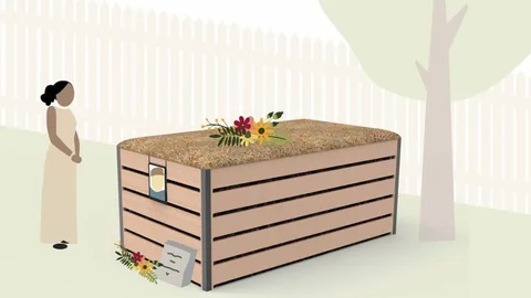 Illustration eines Holzsarges mit Blumen, daneben stehende Frau.