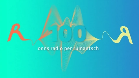 Buntes Design mit Text '100 onns radio per rumantsch' und geschwungenen Linien.