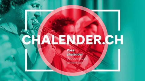 Schriftzug «chalender.ch», Musiker im Hintergrund