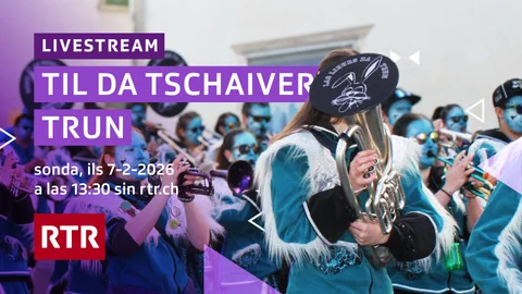 Guggenmusik in blauen Kostümen mit Livestream-Ankündigung.