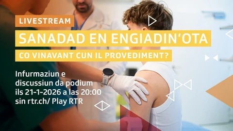 Arzt misst einem Patienten den Blutdruck, Livestream-Ankündigungstext überlagert.