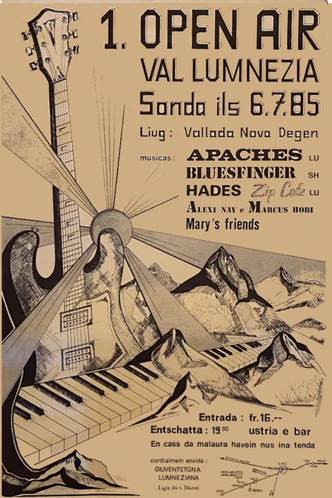 Poster für 1. Open Air Val Lumnezia 1985 mit Gitarre und Bergen.