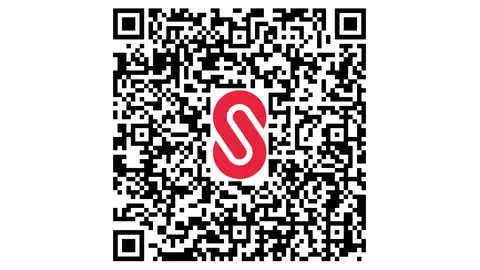 Schwarz-weisser QR-Code mit einem roten Logo in der Mitte.