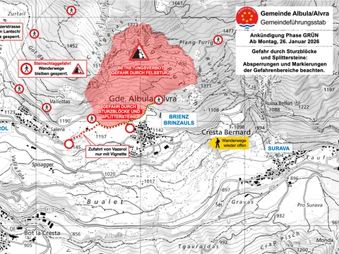 Karte mit gesperrten Wegen und Gefahrenzonen in der Gemeinde Albula, Schweiz.