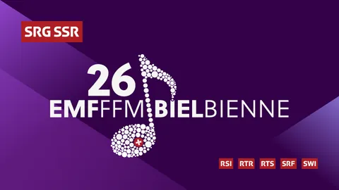 Eidgenössisches Musikfest in Biel/Bienne findet vom 14. – 17. Mai 2026 statt. RTR berichtet live. Zu sehen: EMF Logo