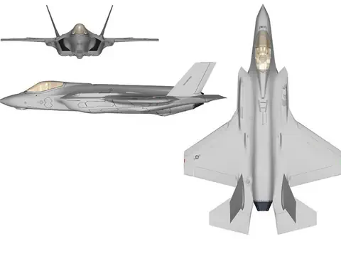 Dreifache Ansicht eines Kampfjets von vorne, seitlich und oben.