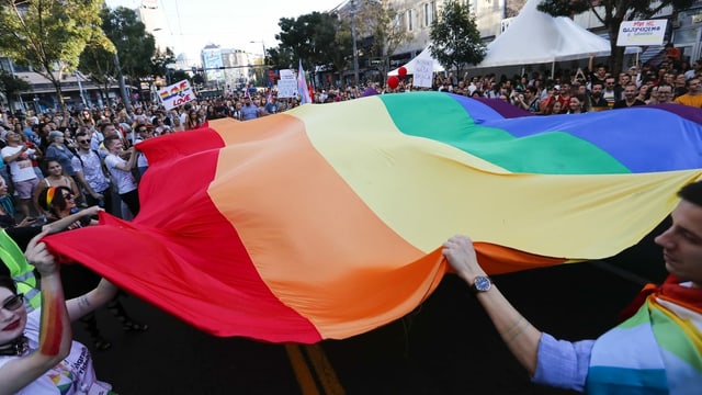 Purtret d'ina bandiera cun las colurs d'artg a la Pride en il Cosovo. 