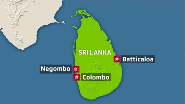 Purtret d'ina carta da Sri Lanka e cun nudà en las citads pertutgadas da las explosiuns. 